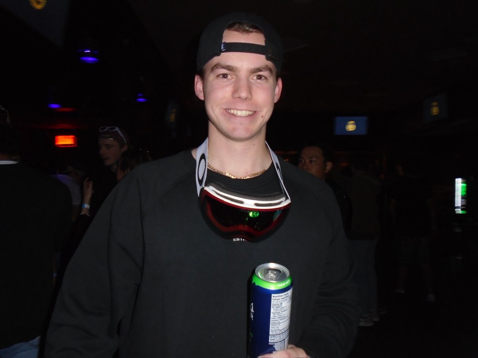 Member in ski goggles at a social